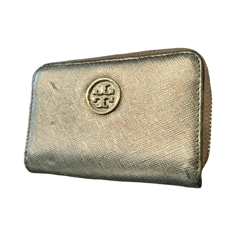 Tory Burch Robinson Metallic Gold Saffiano Leather Zip Coin Purse Case‎ Wallet